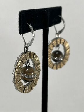 Tiger's Eye Gold And Silver Dangle Earring with Crystal Rhinestones
